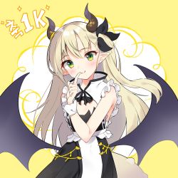 Rule 34 | 1girl, bare shoulders, black dress, black ribbon, black wings, blonde hair, blush, closed mouth, commentary request, dress, green eyes, hair between eyes, hair ribbon, head tilt, highres, horns, indie virtual youtuber, korean commentary, kutata, long hair, low wings, milestone celebration, neck ribbon, nivr (vtuber), pointy ears, ribbon, sleeveless, sleeveless dress, smile, solo, tail, two-tone background, very long hair, virtual youtuber, white background, wings, wrist cuffs, yellow background