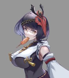 Rule 34 | 1girl, bare shoulders, black hair, breasts, corn dog, detached sleeves, food in mouth, genshin impact, kujou sara, large breasts, long sleeves, mask, outstretched arm, qingjiao rou si, short hair, tengu mask, upper body, yellow eyes