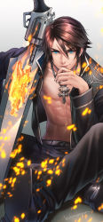 Rule 34 | 1boy, belt, blue eyes, brown hair, closed mouth, final fantasy, final fantasy viii, gunblade, hiromyan, jacket, jewelry, looking at viewer, male focus, necklace, open clothes, scar, school uniform, simple background, smile, solo, squall leonhart, weapon