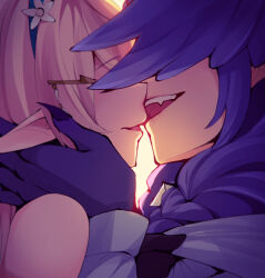 Rule 34 | 2girls, blonde hair, close-up, commentary, covered eyes, english commentary, fang, from side, hair ornament, hairclip, hand on another&#039;s cheek, hand on another&#039;s face, head wings, highres, imminent kiss, long hair, long pointy ears, multiple girls, nijisanji, nijisanji en, open mouth, pointy ears, pomu rainpuff, purple hair, ricegnat, selen tatsuki, smile, virtual youtuber, wings, yuri