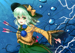 Rule 34 | 1girl, :p, arrow (projectile), blue flower, blue rose, blush, bubble, eyeball, flower, frills, green eyes, green hair, hat, hat ribbon, heart, heart-shaped pupils, heart of string, komeiji koishi, long sleeves, matching hair/eyes, mise yuzuki, open mouth, ribbon, rose, short hair, silver hair, skirt, smile, solo, symbol-shaped pupils, third eye, thorns, tongue, tongue out, touhou, underwater, water, wide sleeves