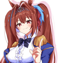 Rule 34 | 1girl, animal ears, black bow, blue jacket, blush, bow, breasts, brown bow, brown eyes, brown hair, center frills, closed mouth, collared shirt, colored shadow, commentary request, daiwa scarlet (umamusume), drop shadow, epaulettes, fang, fang out, frills, ha (hura76752775), hair between eyes, hair bow, hair intakes, hand up, horse ears, index finger raised, jacket, juliet sleeves, large breasts, long hair, long sleeves, looking at viewer, medium breasts, open clothes, open jacket, puffy sleeves, shadow, shirt, smile, solo, tiara, twintails, umamusume, upper body, white background, white shirt