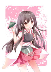 Rule 34 | 10s, 1girl, :d, akagi (kancolle), brown eyes, brown hair, cherry blossoms, japanese clothes, kantai collection, leaf, leaf background, light smile, long hair, looking at viewer, muneate, nanase nao, open mouth, paper airplane, pleated skirt, skirt, smile, solo, standing