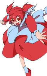 Rule 34 | 1girl, apron, arc the lad, back bow, bow, choko (arc the lad), dress, foot out of frame, happy, looking at viewer, ooo, open mouth, red eyes, red hair, shoes, short hair, short twintails, simple background, skirt, smile, solo, twintails, white background