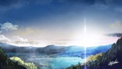 Rule 34 | artist name, blue sky, cloud, day, diffraction spikes, forest, gradient sky, lake, mountainous horizon, nature, original, outdoors, scenery, signature, sky, sunrise, tree, waisshu (sougyokyuu), water