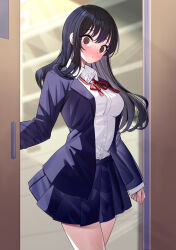 Rule 34 | 1girl, @ @, black hair, blue jacket, blue skirt, blurry, blurry background, blush, boku no kokoro no yabai yatsu, breasts, brown eyes, closed mouth, collared shirt, commentary request, depth of field, dress shirt, highres, indoors, jacket, long hair, long sleeves, looking at viewer, medium breasts, neck ribbon, open clothes, open door, open jacket, pleated skirt, red ribbon, ribbon, ririko (zhuoyandesailaer), school uniform, shirt, skirt, sliding doors, solo, standing, sweat, very long hair, white shirt, yamada anna