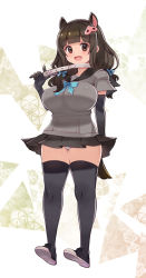 Rule 34 | 10s, :d, animal ears, black gloves, black skirt, black thighhighs, blunt bangs, blush, bow, bowtie, breasts, brown eyes, brown hair, collar, collared peccary (kemono friends), elbow gloves, full body, gloves, hair ornament, kemono friends, large breasts, long hair, looking at viewer, low twintails, miniskirt, open mouth, panties, pantyshot, peccary ears, ryoji (nomura ryouji), sailor collar, shirt, skirt, smile, solo, tail, thighhighs, twintails, underwear, white panties, zettai ryouiki