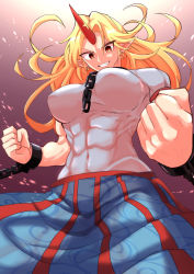 Rule 34 | 1girl, abs, absurdres, blonde hair, blue skirt, breasts, chain, clenched hand, commentary request, covered navel, cowboy shot, cuffs, earrings, fugaku (miko no miyatsuguchi), grin, highres, horns, hoshiguma yuugi, impossible clothes, impossible shirt, jewelry, large breasts, long hair, looking at viewer, looking down, muscular, muscular female, pointy ears, red eyes, shirt, short sleeves, single horn, skirt, smile, solo, touhou, white shirt
