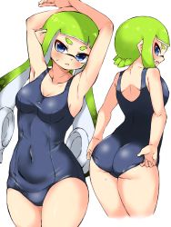 Rule 34 | 1girl, adjusting clothes, adjusting swimsuit, armpits, arms up, ass, back, blue eyes, blunt bangs, blush, breasts, cleavage, commentary, cropped legs, from behind, frown, green hair, highres, inkling, inkling girl, inkling player character, long hair, looking at viewer, looking back, mask, medium breasts, multiple views, nintendo, old school swimsuit, open mouth, penguin maru (penginmaru), pointy ears, school swimsuit, simple background, splatoon (series), standing, sweatdrop, swimsuit, tentacle hair, white background