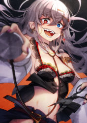 Rule 34 | 1girl, :d, ahoge, babydoll, bad id, bad twitter id, bare shoulders, belt, black legwear, blue eyes, blue skirt, blurry, blurry foreground, breasts, camisole, choker, cluseller, coat, collarbone, copyright request, crazy smile, depth of field, earrings, fangs, floating hair, foreshortening, grey hair, hair ornament, hairclip, heterochromia, highres, holding, holding scissors, holding stethoscope, indie virtual youtuber, jewelry, lace trim, lingerie, long hair, long sleeves, messy hair, midriff, mole, mole under eye, nail polish, navel, off shoulder, open clothes, open mouth, pointy ears, purple nails, red eyes, scissors, sidelocks, siragumo raimu, skirt, small breasts, smile, solo, stethoscope, underwear, very long hair, virtual youtuber