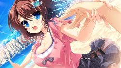 Rule 34 | 1girl, beach, black skirt, blue eyes, blue sky, breasts, brown hair, cleavage, cliff, cocoro@function!, collarbone, day, dutch angle, game cg, hair ornament, heart, heart hair ornament, highres, hinata momo, holding hands, layered shirt, looking at viewer, medium breasts, open mouth, outdoors, pink shirt, plaid, plaid skirt, pleated skirt, pulltop, rock, shirt, short sleeves, skirt, sky, smile, water, wavy hair, yuzuriha hijiri