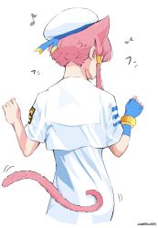 Rule 34 | 1girl, andanden, animal ears, aria (manga), aria company uniform, beret, blue gloves, blue ribbon, bracelet, cat ears, cat tail, cowboy shot, dress, fingerless gloves, from behind, gloves, gold trim, hair tubes, hands up, hat, highres, jewelry, mizunashi akari, musical note, paw pose, pink hair, pink tail, ribbon, shadow, short hair with long locks, short sleeves, signature, simple background, single glove, solo, tail, white background, white dress, white hat