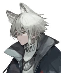 Rule 34 | 1boy, animal ears, aosta (arknights), arknights, bandaid, bandaid on face, bandaid on nose, bishounen, black jacket, collar, english text, from side, jacket, looking to the side, male focus, serious, shirt, simple background, solo, upper body, white hair, white shirt, wolf boy, wolf ears, yellow eyes, yszx