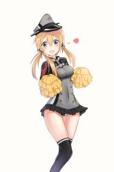 Rule 34 | 10s, 1girl, :d, absurdres, black ribbon, black skirt, black thighhighs, blonde hair, blush, covered navel, dabaizhao, floating hair, green eyes, hair between eyes, hair ribbon, heart, highres, kantai collection, long hair, looking at viewer, microskirt, military, military uniform, open mouth, panties, pantyshot, pleated skirt, pom pom (cheerleading), prinz eugen (kancolle), ribbon, shiny skin, simple background, skirt, smile, solo, standing, thighhighs, twintails, underwear, uniform, white background, white panties