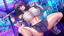 Rule 34 | 1girl, ahoge, bandaged arm, bandages, bandages around chest, bare shoulders, blush, bokken, breasts, cleavage, colored lights, delinquent, fangs, female focus, gluteal fold, graffiti, hair between eyes, holding, holding weapon, huge breasts, jacket, long hair, looking at viewer, matching hair/eyes, middle finger, midriff, navel, nyarla (osiimi), open clothes, open jacket, open mouth, original, osiimi, purple eyes, purple footwear, purple hair, purple skirt, shiny skin, shirt, skirt, slav squatting, socks, solo, spiked hair, spread legs, squatting, subway, sword, teeth, thick thighs, thighs, underboob, vaporwave, weapon, western spy squatting, wooden sword