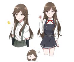 Rule 34 | 1girl, alternate costume, arashio (kancolle), arm warmers, belt, bird, brown eyes, brown hair, buttons, chibi, cosplay, dress, duck, closed eyes, highres, imagining, kantai collection, kasumi (kancolle) (cosplay), kasumi (kancolle), long hair, long sleeves, looking at viewer, morinaga miki, multiple persona, open mouth, pinafore dress, pleated skirt, remodel (kantai collection), school uniform, shirt, short sleeves, simple background, skirt, sleeveless, sleeveless dress, smile, suspenders, white background, white shirt