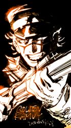 Rule 34 | 1boy, black background, clenched teeth, commentary request, dated, golden kamuy, hat, holding, holding weapon, kotteri, looking at viewer, male focus, partially colored, scar, scar on face, scarf, short hair, simple background, solo, sugimoto saichi, teeth, weapon