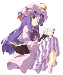 Rule 34 | 1girl, book, capelet, coat, crescent, dress, floating, floating object, flying, full body, hair ribbon, hat, long hair, looking at viewer, mob cap, no socks, open book, open clothes, open coat, patchouli knowledge, purple dress, purple eyes, purple hair, reading, ribbon, satou kibi, shoes, simple background, solo, striped clothes, striped dress, touhou, tress ribbon, very long hair, white background