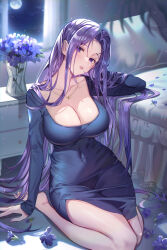 Rule 34 | 1girl, absurdres, barefoot, bed, blue dress, blush, breasts, cleavage, collarbone, commentary request, covered navel, dress, eyelashes, feet, fingernails, flower, full body, full moon, head tilt, highres, indoors, jewelry, korean commentary, large breasts, light particles, long hair, long sleeves, looking at viewer, moon, nail polish, necklace, night, nightstand, on floor, original, parted bangs, parted lips, pillow, purple eyes, purple flower, purple hair, purple nails, s2mias2, side slit, sidelocks, sitting, sleeves past wrists, solo, sparkle, square neckline, table, taut clothes, taut dress, vase, very long hair, window