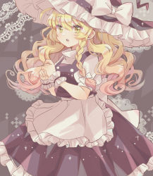 Rule 34 | 1girl, :o, apron, black hat, black skirt, black vest, blonde hair, blush, bow, braid, chibana sora, commentary, cowboy shot, dot nose, frilled skirt, frills, green eyes, hair bow, hands up, hat, hat bow, highres, kirisame marisa, long hair, looking at viewer, open mouth, own hands together, puffy short sleeves, puffy sleeves, shirt, short sleeves, single braid, skirt, skirt set, solo, teeth, touhou, upper teeth only, vest, waist apron, wavy hair, white apron, white bow, white shirt, witch hat, wrist cuffs
