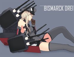 Rule 34 | 10s, 1girl, bare shoulders, bbk (13zk), bismarck (kancolle), blonde hair, blue eyes, bottomless, breasts, bushido, character name, grey background, grey thighhighs, hand to own mouth, hat, kantai collection, large breasts, long hair, lying, machinery, military, military uniform, peaked cap, profile, sideboob, simple background, solo, taut clothes, thighhighs, uniform