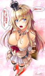 Rule 34 | 10s, 1girl, bare shoulders, black footwear, blonde hair, blue eyes, braid, breasts, cleavage, commentary request, corset, covered erect nipples, crown, dated, dress, embarrassed, french braid, hairband, high heels, highres, jewelry, kantai collection, large breasts, long hair, long sleeves, mini crown, necklace, off-shoulder dress, off shoulder, one-hour drawing challenge, open mouth, pink background, red ribbon, ribbon, sakaki maki, shoes, solo, thighhighs, translation request, warspite (kancolle), white dress, white thighhighs