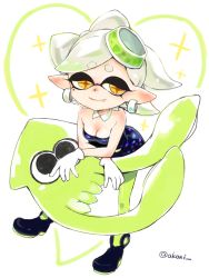 Rule 34 | + +, 1girl, akoni (akoni11), ankle boots, black dress, black footwear, boots, breasts, brown eyes, cleavage, detached collar, dress, earrings, fang, food, food on head, gloves, green pantyhose, grey hair, inkling, jewelry, leaning forward, looking at viewer, marie (splatoon), mole, mole under eye, nintendo, object on head, pantyhose, pointy ears, short hair, small breasts, smile, solo, splatoon (series), splatoon 1, squid, standing, strapless, strapless dress, tentacle hair, twitter username, white gloves