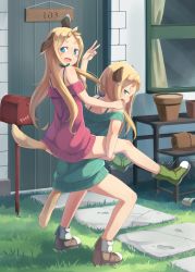 Rule 34 | 2girls, :d, animal ears, bad id, bad pixiv id, blonde hair, blue eyes, blush, boots, carrying, cross-laced footwear, curtains, dog ears, door, dress, english text, eyebrows, fang, full body, grass, hand on another&#039;s shoulder, lace-up boots, long hair, mailbox, multiple girls, open mouth, original, piggyback, postbox, profile, shadow, sideways mouth, sign, smile, standing, sweatdrop, sweater, sweater dress, tail, u (kuroinu0107), u (mikaduki0720), v, window