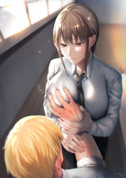 Rule 34 | 1boy, 1girl, absurdres, black necktie, blush, grabbing another&#039;s breast, breasts, brown hair, closed mouth, collared shirt, dress shirt, from above, grabbing, grey eyes, groping, guided breast grab, guiding hand, hair between eyes, highres, indoors, large breasts, light smile, long hair, long sleeves, necktie, original, sakiryo kanna, shirt, sleeves rolled up, solo focus, sunlight, white shirt, window