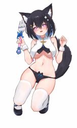 Rule 34 | 1girl, animal ears, black hair, black panties, blue hair, breasts, brush, cat ears, cat tail, colored inner hair, detached sleeves, fork, hair between eyes, hands up, heart, heart-shaped pupils, hoshina suzu, looking at viewer, mary janes, multicolored hair, open mouth, panties, purple eyes, ribbon, shoes, short hair, solo, star (symbol), symbol-shaped pupils, tail, thighhighs, underboob, underwear, virtual youtuber, wactor production, white background, white thighhighs, wrist cuffs, zuige0318