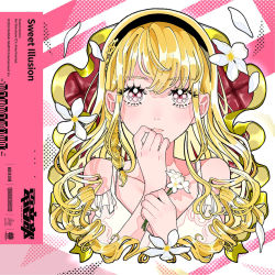 Rule 34 | album cover, blonde hair, braid, closed mouth, cover, denonbu, dollar sign, flower, hairband, holding, lily (flower), long hair, looking at viewer, official art, ponko517, red eyes, shirokane aki, sleeveless, white flower