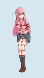 Rule 34 | 1girl, absurdres, arms behind back, bdsm, blue eyes, bocchi the rock!, bondage, bound, bound arms, cube hair ornament, gotoh hitori, hair ornament, highres, jacket, long hair, one side up, panties, pants, pants under skirt, pink hair, pink jacket, pink track suit, red rope, restrained, rope, school uniform, shibari, shibari over clothes, shuka high school uniform, skirt, stationary restraints, t zhonglang, track jacket, underwear, white panties