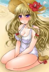 Rule 34 | 1girl, bad id, bad pixiv id, beach, blonde hair, blush, bow, breasts, cleavage, day, covered erect nipples, female focus, flower, hair bow, hat, hat flower, jako, jyako, kneeling, large breasts, long hair, one-piece swimsuit, purple eyes, ribbon, sandals, school swimsuit, seiza, sitting, solo, straw hat, swimsuit, touhou, v arms, white school swimsuit, white one-piece swimsuit, yakumo yukari