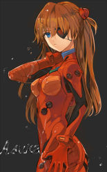 Rule 34 | 10s, 1girl, ass, ass grab, bad id, bad pixiv id, bandages, blue eyes, bodysuit, curvy, evangelion: 3.0 you can (not) redo, eyepatch, from side, grabbing own ass, grey background, hair between eyes, hair ornament, hand on own hip, interface headset, japanese text, kanji, kuzuvine, long hair, neon genesis evangelion, one eye covered, orange hair, plugsuit, rebuild of evangelion, red bodysuit, red text, simple background, solo, soryu asuka langley, souryuu asuka langley, text focus, two side up, water drop, wide hips