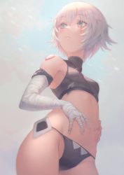 Rule 34 | 1girl, arm belt, bandaged arm, bandages, bare shoulders, black panties, blush, breasts, closed mouth, crop top, facial scar, fate/apocrypha, fate (series), green eyes, highres, jack the ripper (fate/apocrypha), looking to the side, lowleg, lowleg panties, navel, otsukemono, panties, scar, scar across eye, scar on cheek, scar on face, short hair, shoulder tattoo, small breasts, solo, tattoo, underwear, white hair