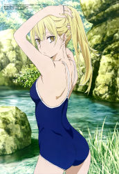 Rule 34 | 1girl, absurdres, adjusting hair, aiz wallenstein, ass, back, blonde hair, blue one-piece swimsuit, breasts, cleaned, competition school swimsuit, cowboy shot, day, dungeon ni deai wo motomeru no wa machigatteiru darou ka, from side, grass, hand in own hair, highres, hiyamizu yukie, leaf, looking at viewer, looking to the side, megami magazine, official art, one-piece swimsuit, outdoors, pond, ponytail, rock, school swimsuit, shoulder blades, sideboob, small breasts, solo, standing, swimsuit, tree, tying hair, water, yellow eyes