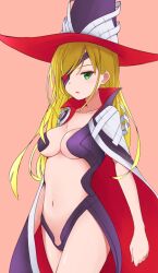 Rule 34 | 1girl, 2021, 20s, bare shoulders, blonde hair, breasts, brown background, cape, colllarbone, eyepatch, female focus, green eyes, hat, highres, light blush, long hair, medium breasts, midriff, navel, no bra, othinus, revealing clothes, seranaru, solo, standing, thighs, toaru majutsu no index, witch hat