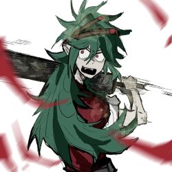 Rule 34 | 1other, androgynous, brown headband, fangs, green hair, headband, holding, holding weapon, len&#039;en, len'en, long hair, open mouth, other focus, pointy ears, reactivate majestical imperial, red eyes, taira no fumikado, very long hair, weapon, yang gu