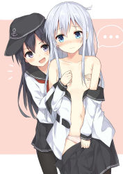 Rule 34 | &gt;:d, ..., 10s, 2girls, :d, ^^^, akatsuki (kancolle), anchor symbol, bad id, bad twitter id, belt, black hat, black legwear, black skirt, blue eyes, blush, bow, bow panties, breasts, clothes pull, collarbone, covering breasts, covering privates, cowboy shot, embarrassed, eyebrows, flat cap, hair between eyes, hand grab, hand on own chest, hands on another&#039;s chest, hands on breasts, hat, hibiki (kancolle), highres, holding, holding clothes, holding skirt, huwari (dnwls3010), kantai collection, kerchief, long hair, looking at another, looking to the side, miniskirt, multiple girls, navel, no bra, off shoulder, open clothes, open mouth, open shirt, panties, pantyhose, pink panties, pleated skirt, purple eyes, school uniform, serafuku, shirt, silver hair, skirt, skirt pull, small breasts, smile, spoken ellipsis, stomach, sweat, underwear, undressing, v-shaped eyebrows, verniy (kancolle), white shirt