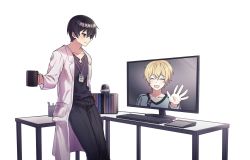 Rule 34 | 2boys, bad id, bad pixiv id, black eyes, black hair, black pants, black shirt, blonde hair, book, camera, coat, collarbone, commentary, cup, eugeo, closed eyes, grey shirt, hair between eyes, highres, holding, holding cup, keyboard, lab coat, long sleeves, male focus, monitor, multiple boys, open mouth, pants, ryeonghwa, shirt, short hair, simple background, smile, sword art online, table, white background, white coat