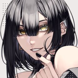 Rule 34 | 1boy, androgynous, bare shoulders, black hair, black nails, earrings, finger heart, forute na, grin, hoop earrings, jewelry, looking at viewer, male focus, original, simple background, smile, solo, yellow eyes