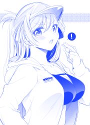 Rule 34 | !, 1girl, araragi ayune, bikini, blue theme, blush, breasts, cleavage, collarbone, commentary request, from side, hand up, holding, holding whistle, hood, hoodie, isshiki-san wa koi wo shiritai., large breasts, long hair, looking at viewer, monochrome, name tag, open clothes, open hoodie, open mouth, rinna milford, solo, spoken exclamation mark, swept bangs, swimsuit, upper body, visor cap, whistle, white background