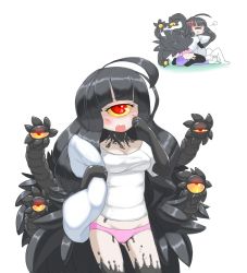 Rule 34 | 1girl, :t, ahoge, anger vein, artist request, black hair, blush stickers, colored sclera, colored skin, cyclops, extra eyes, fang, gazer (monster girl encyclopedia), inset, long hair, looking at viewer, monster girl, monster girl encyclopedia, no pants, hugging object, one-eyed, open mouth, panties, pillow, pillow hug, pink panties, pout, red eyes, shirt, simple background, sitting, sitting on face, sitting on person, sleepy, solo focus, t-shirt, tail, tentacles, underwear, white background, white skin, yawning, yellow sclera