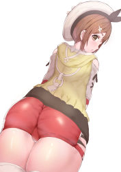 Rule 34 | 1girl, ass, atelier (series), atelier ryza, bare shoulders, black ribbon, blush, brown eyes, brown hair, cameltoe, from behind, hair ornament, hairclip, hat, highres, huge ass, open mouth, parted lips, red shorts, reisalin stout, ribbon, shiny clothes, shiny skin, short hair, short shorts, shorts, sikijou77o, skindentation, solo, thick thighs, thighhighs, thighs, wide hips
