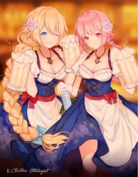 Rule 34 | 2girls, ;d, absurdres, alcohol, alternate costume, apron, backlighting, bad id, bad pixiv id, bag, beer, beer mug, blonde hair, blue bow, blue dress, blue eyes, blunt bangs, blurry, blurry background, bottle, bow, braid, breasts, closed mouth, collarbone, colored eyelashes, cowboy shot, cup, dirndl, dress, fate/grand order, fate (series), floral print, florence nightingale (fate), flower, frilled sleeves, frills, german clothes, glint, gloves, hair bow, hair flower, hair ornament, highres, holding, holding bottle, jeanne d&#039;arc (fate), jeanne d&#039;arc (ruler) (fate), jewelry, large breasts, long hair, medium breasts, miyuki (miyuki 05290), mug, multiple girls, necklace, one eye closed, open mouth, pendant, pink hair, puffy short sleeves, puffy sleeves, red bow, red eyes, sash, short sleeves, single braid, single glove, smile, sparkle, standing, waist apron, water bottle, white apron, white gloves