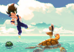 Rule 34 | 1boy, alien, animal, bad id, bad pixiv id, black hair, blue sky, blurry, boots, cloud, day, dragon ball, dragonball z, flying, food, fruit, hat, highres, horizon, male focus, muscular, net, ocean, outdoors, skin tight, sky, solo, spiked hair, straw hat, supobi, swimming, turtle, umigame (dragon ball), vegeta, water, watermelon