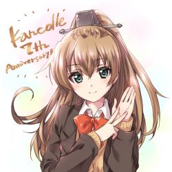 Rule 34 | 1girl, anniversary, blue eyes, bow, bowtie, brown hair, brown jacket, cardigan, highres, jacket, kantai collection, kumano (kancolle), kuroi mimei, long hair, looking at viewer, ponytail, school uniform, simple background, smile, solo, white background