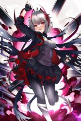 Rule 34 | 1girl, absurdres, ahoge, antennae, arknights, black gloves, black jacket, black pantyhose, black skirt, breasts, controller, demon girl, demon horns, demon tail, detonator, dust, explosion, female focus, fingerless gloves, foot out of frame, gloves, grey hair, grey shirt, hand up, highres, holding, holding remote control, horns, jacket, large breasts, leg up, looking at viewer, nail polish, open clothes, open jacket, pantyhose, red jacket, red nails, red skirt, remote control, seabread, shirt, short hair, skirt, smile, solo, standing, standing on one leg, tail, two-sided fabric, two-sided jacket, two-sided skirt, w (arknights), white background