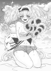 Rule 34 | 1girl, abyssal ship, anno88888, bikini, blush, breasts, cloud, denim, denim shorts, enemy lifebuoy (kancolle), flower, gambier bay (kancolle), greyscale, hairband, hat, highres, holding, holding flower, kantai collection, large breasts, long hair, mini hat, monochrome, open mouth, shoes, shorts, signature, sitting, sky, sneakers, sparkle, strapless, strapless bikini, sunflower, swimsuit, twintails