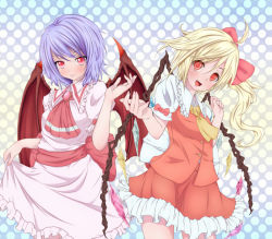 Rule 34 | 2girls, ahoge, ascot, bat wings, blonde hair, blue hair, blush, brooch, clothes lift, dress, dress lift, flandre scarlet, frills, jewelry, looking at viewer, misumo, multiple girls, no headwear, no headwear, open mouth, pink dress, polka dot, polka dot background, puffy short sleeves, puffy sleeves, red eyes, remilia scarlet, sash, shirt, short sleeves, siblings, side ponytail, sisters, skirt, skirt set, smile, touhou, vest, wings
